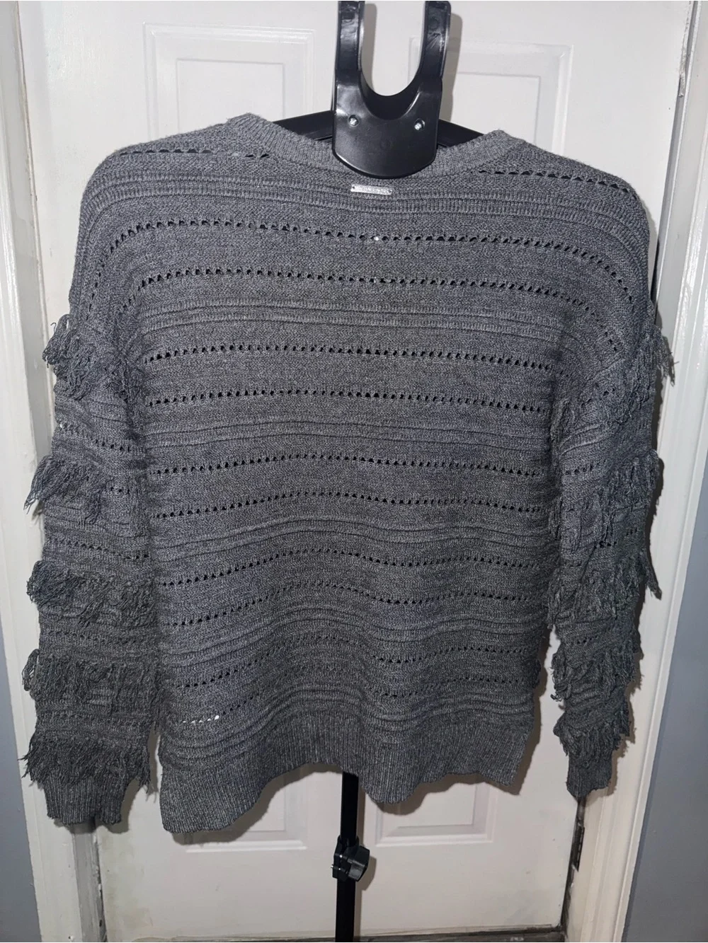Michael Michael Kors Fringe Sweater Women’s S Gray Open Knit Boho